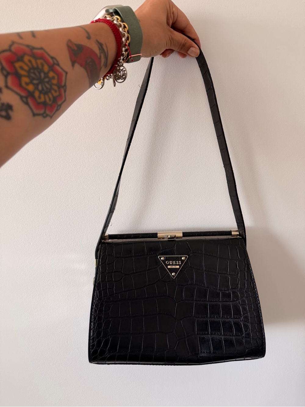 GUESS Black Croc-Embossed Shoulder Bag with Gold Hardware
